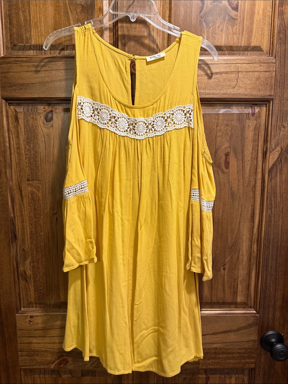 Mustard Yellow Cold-Shoulder Dress with Lace Trim